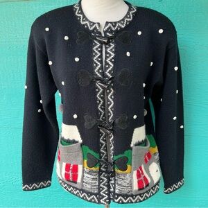 RENEE DERHY VINTAGE 80’s WOOL HOLIDAY CARDIGAN CABIN SWEATER SIZE MEDIUM POCKETS